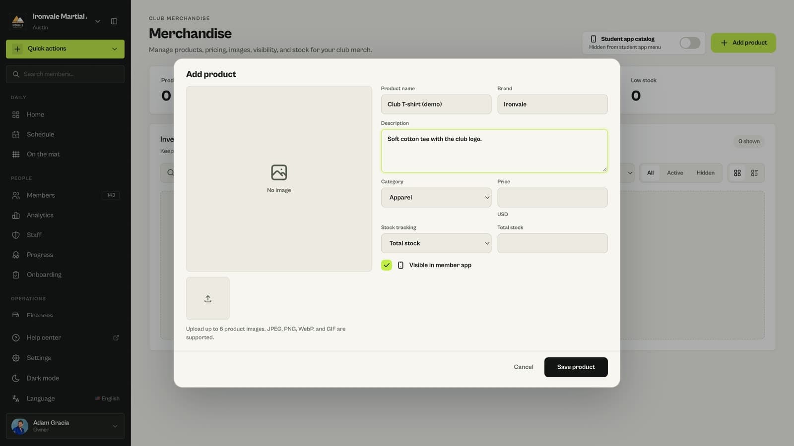 Add product form in MatSync Merchandise with name, brand, description and category
