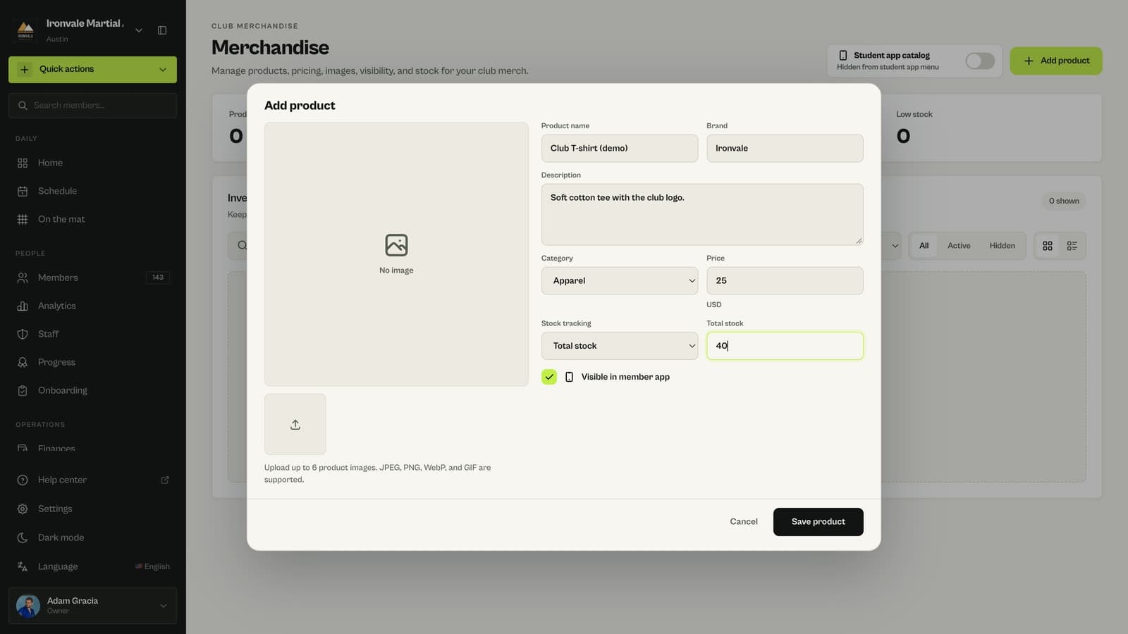 Price, stock and Visible in member app options for a product in MatSync