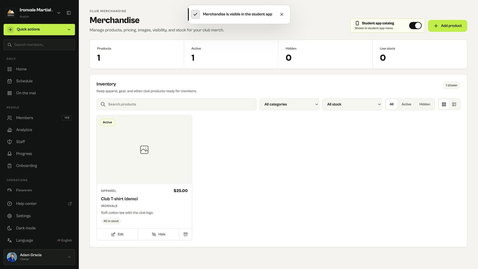 MatSync Merchandise page with a product and the student app catalog turned on