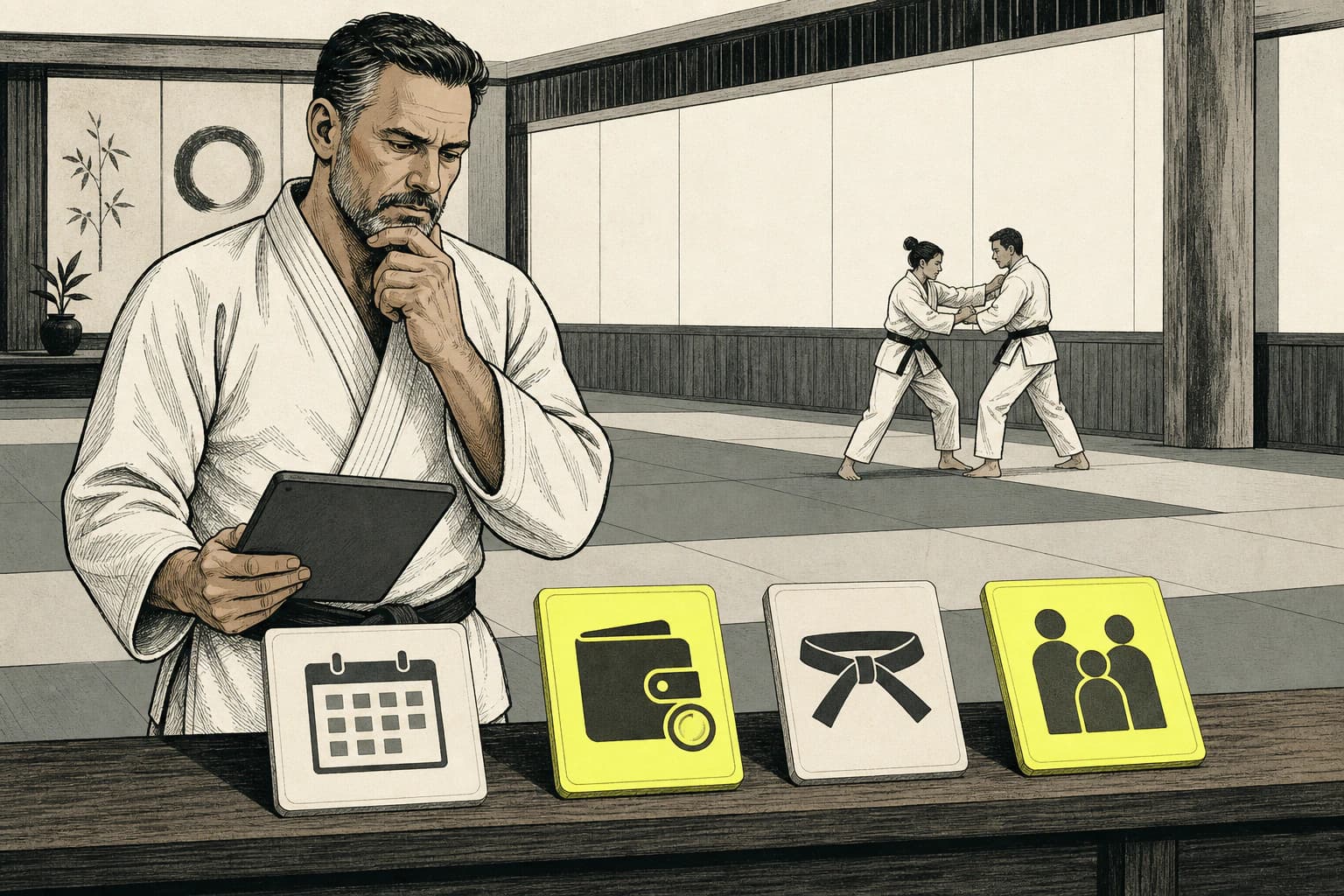 Illustrated academy owner comparing scheduling, billing, progression, and family management tools