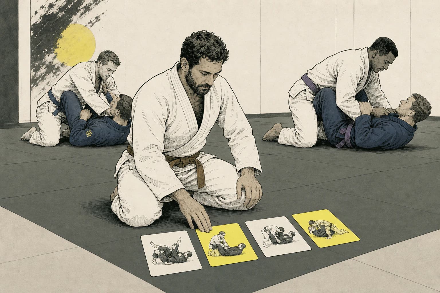 Illustrated BJJ instructor arranging a structured curriculum while students practise connected techniques