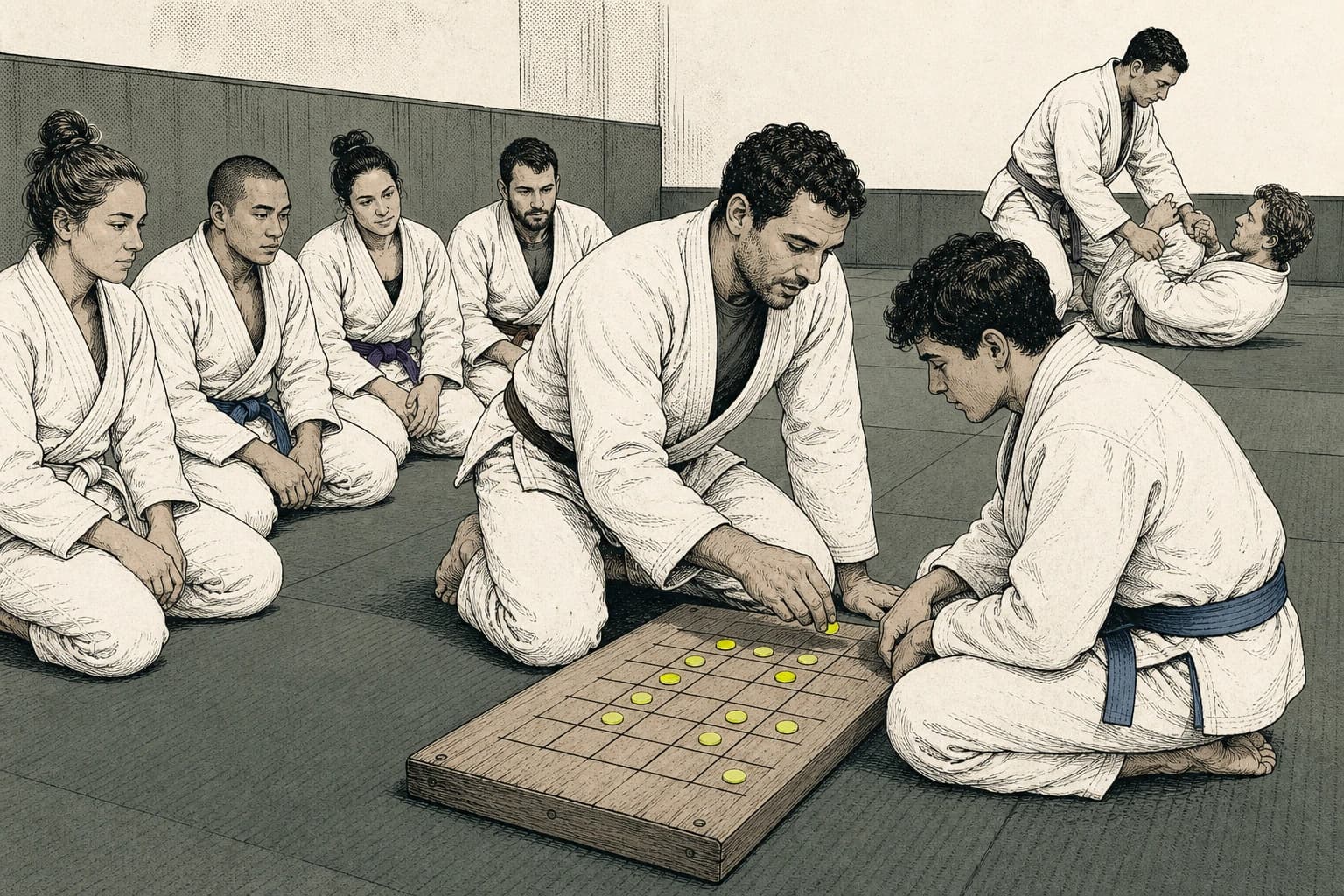 Illustrated martial arts coach tracking attendance and student progression after class