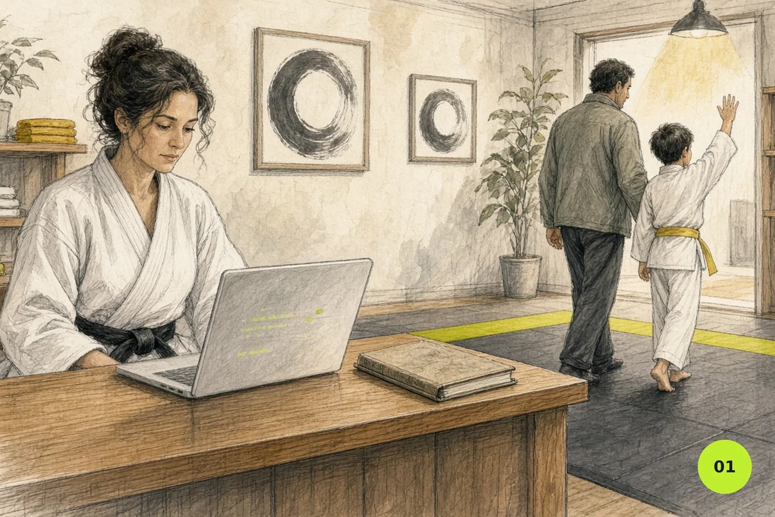 Club owner recording a member's payment on a laptop at the dojo front desk after an evening class