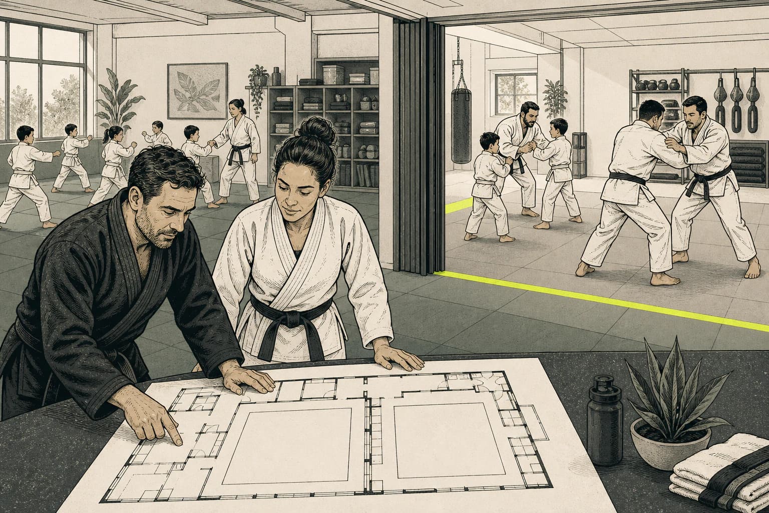 Illustrated academy owners planning an expanded martial arts training space