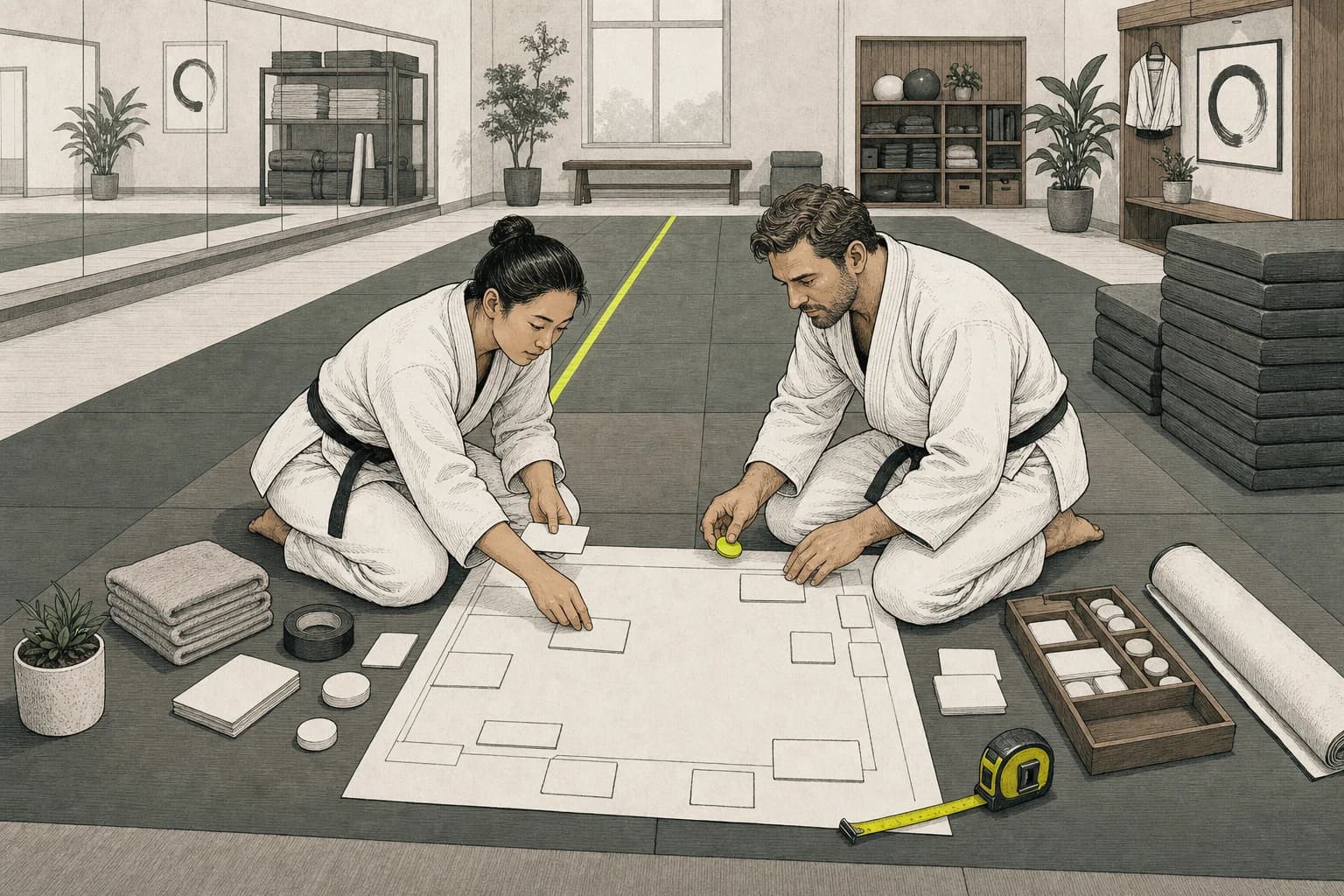 Martial arts instructor planning a new club with a venue layout, timetable, and first member group