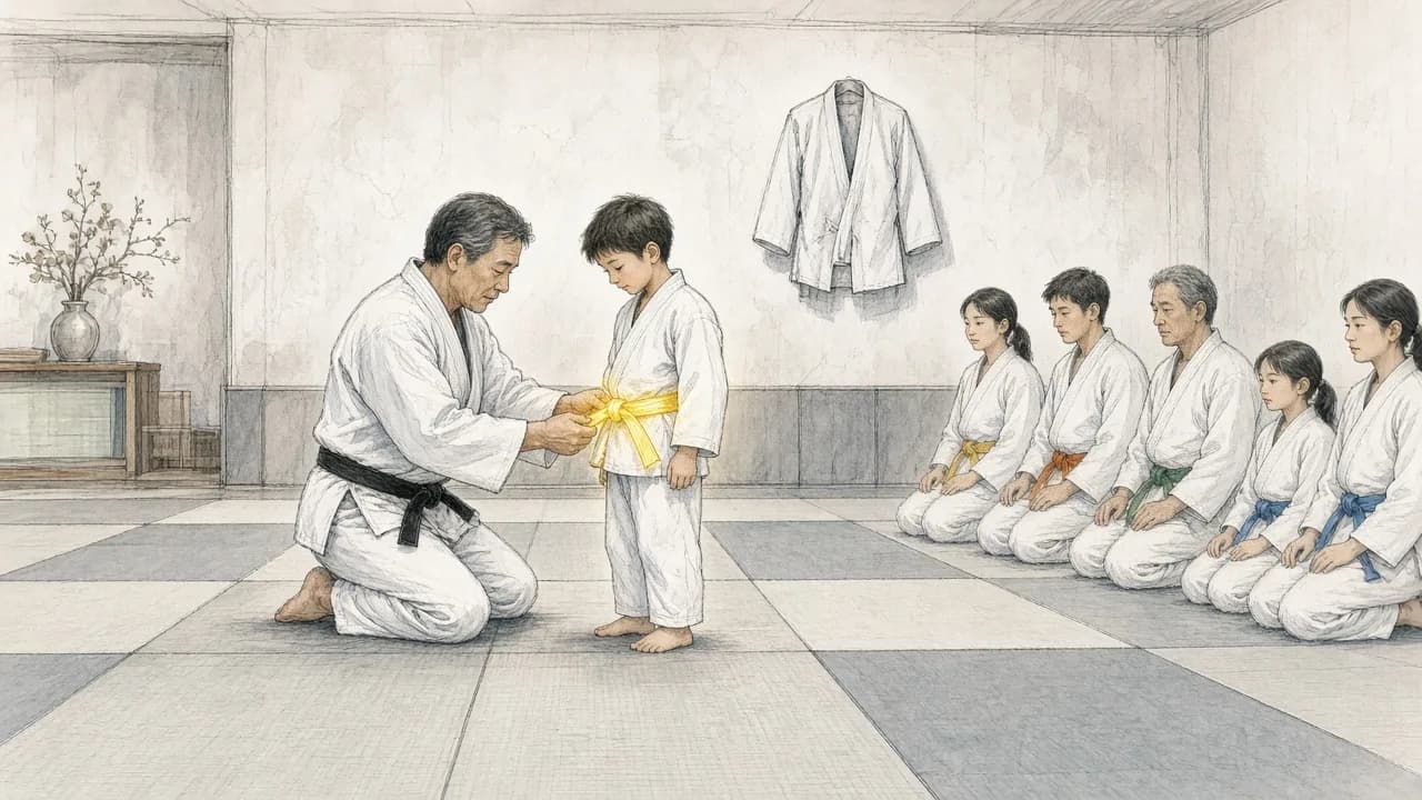 Een judoleraar met zwarte band knoopt een gele band om bij een jonge judoka, terwijl leerlingen met gekleurde banden op de mat zitten.