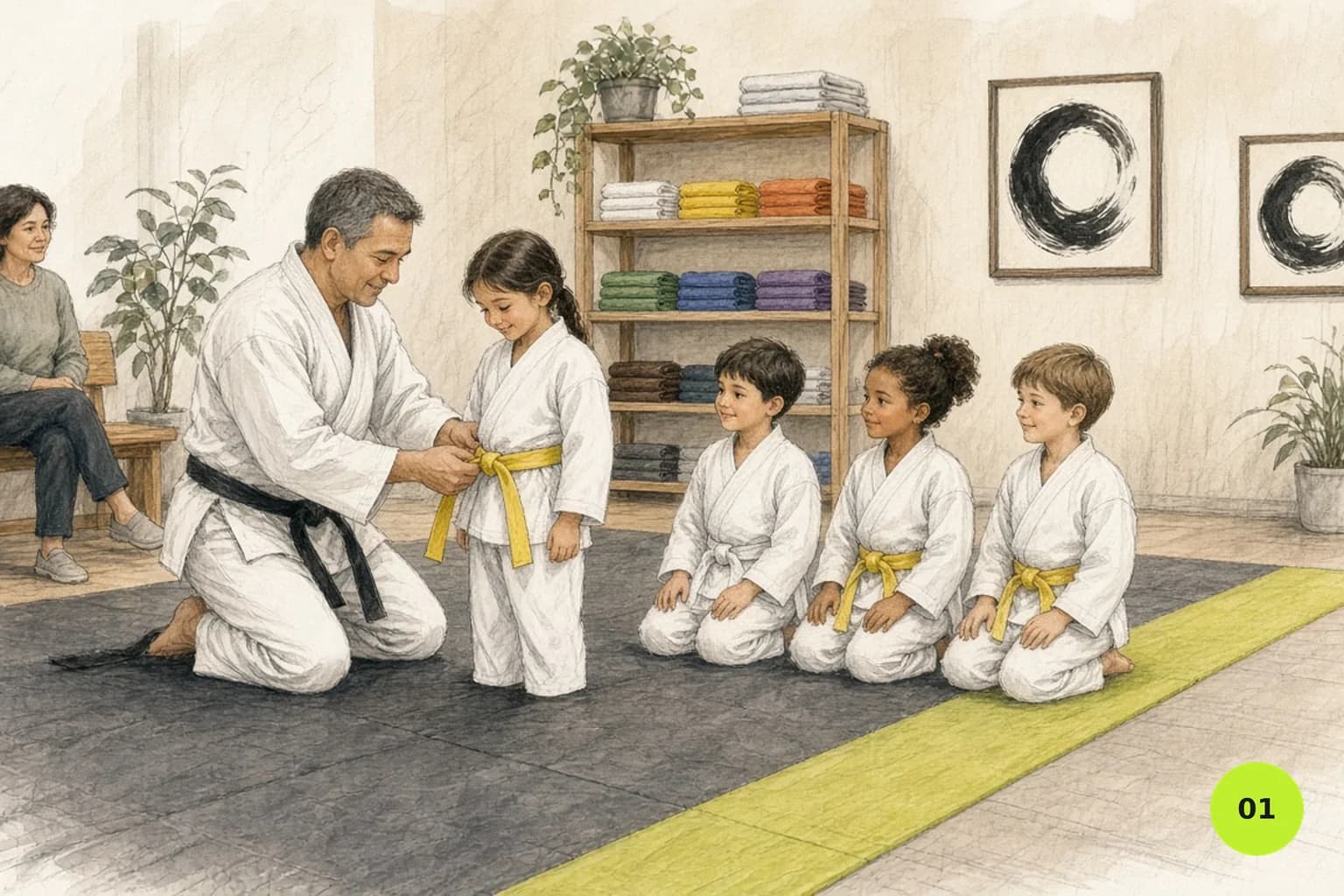 Karate instructor tying a new belt on a young student while classmates in white gi wait in line