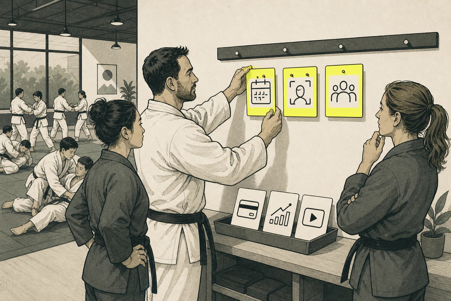 Illustrated academy team selecting features for a controlled software rollout