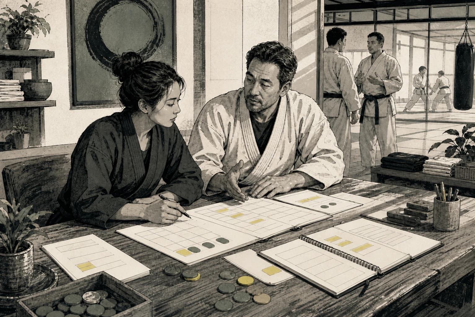 Illustrated academy manager learning practical planning and leadership from an experienced owner