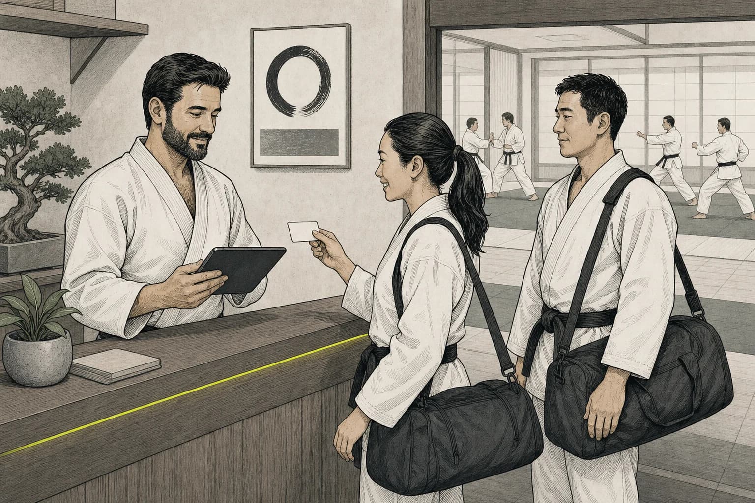 Martial arts instructor checking in two students as they arrive for class