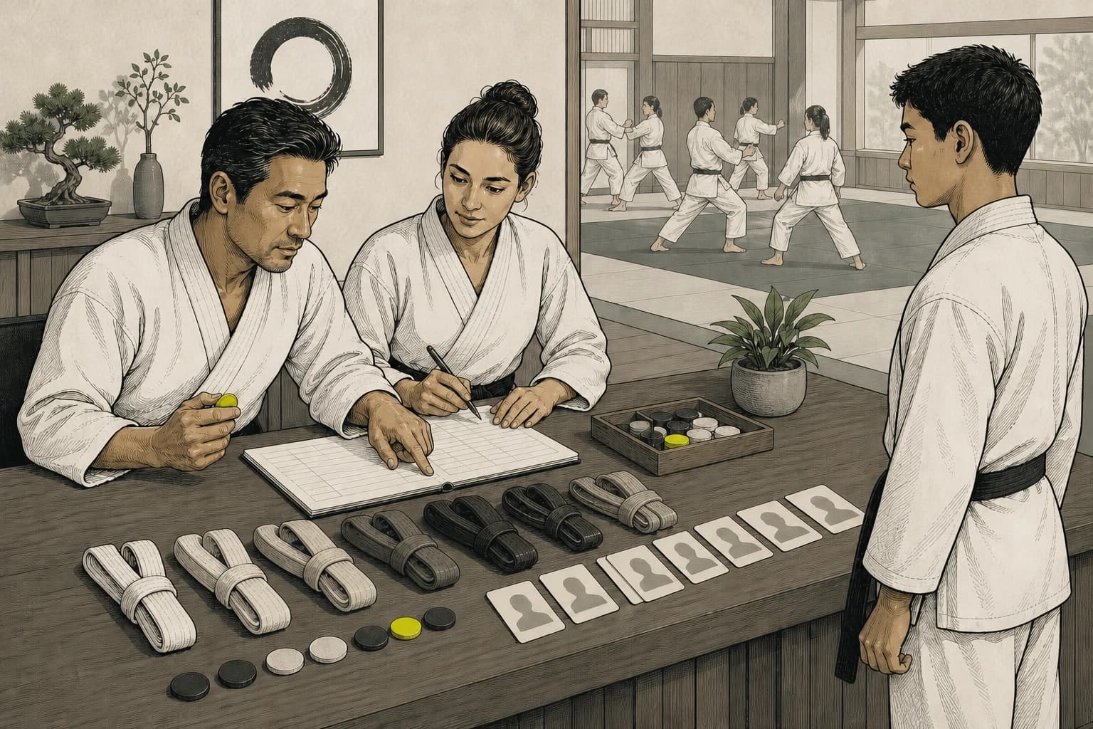 Martial arts instructor reviewing a student's belt progression timeline and training evidence