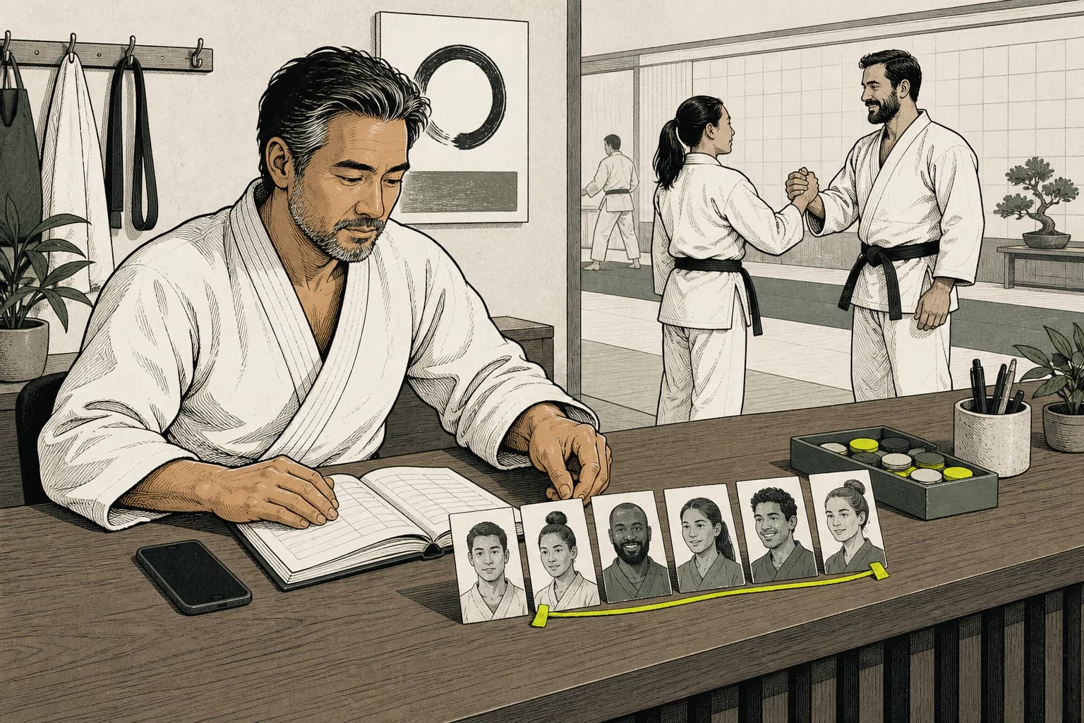 Illustrated academy owner organising student relationships and follow-up at the club desk