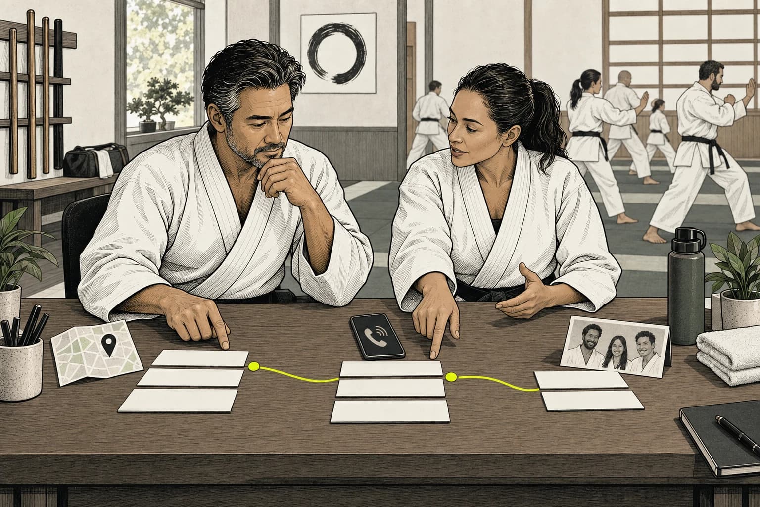 Martial arts academy operators arranging a 90-day marketing plan with simple campaign cards