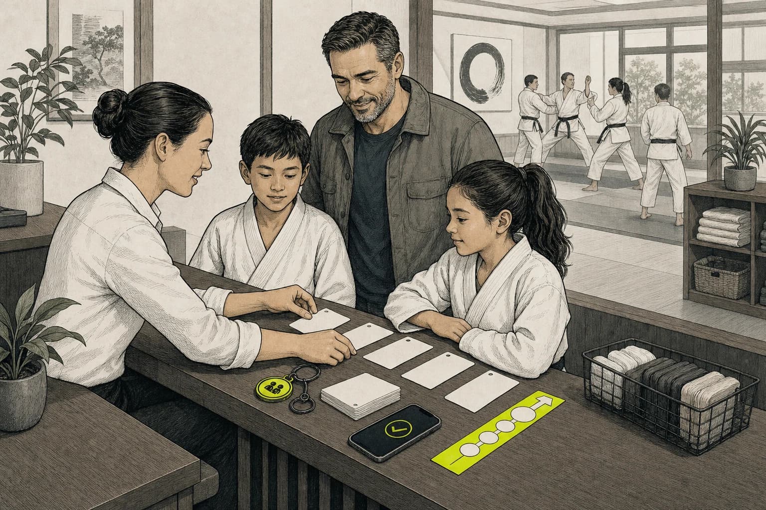 Martial arts academy administrator organising family memberships, attendance, and subscriptions