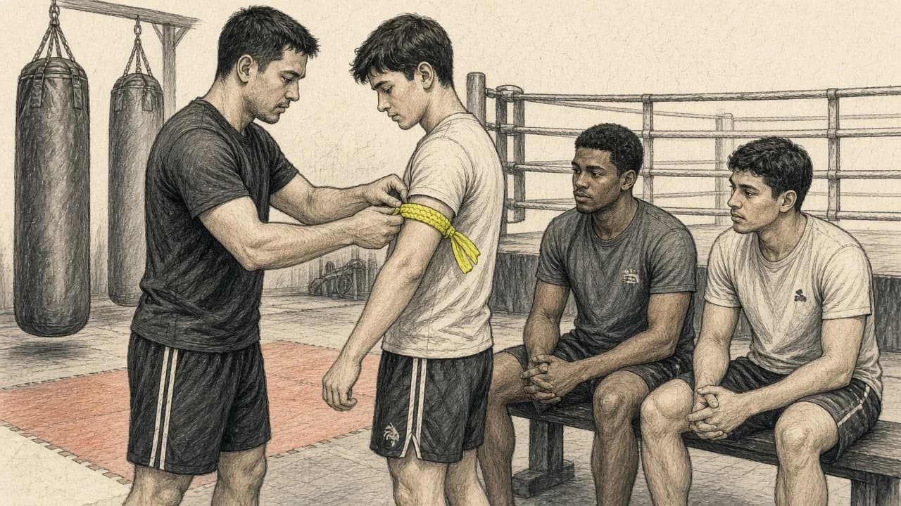 Muay Thai coach tying a colored armband on a student's upper arm in a gym while other students wrap their hands