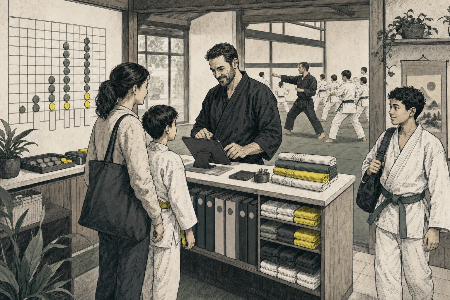 Illustrated academy owner running check-in, scheduling, and member operations from one connected workspace