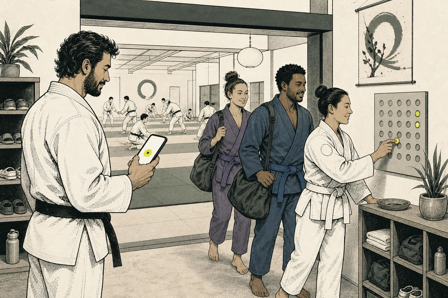 Illustrated martial arts students checking in as class begins