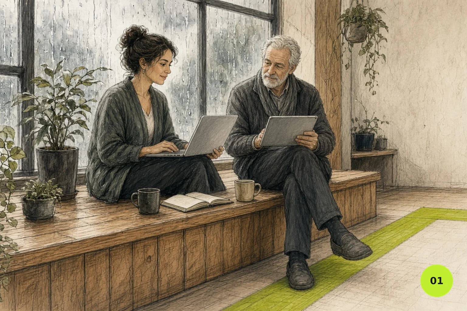 Two club co-owners on a window bench testing membership software with a sample member before choosing
