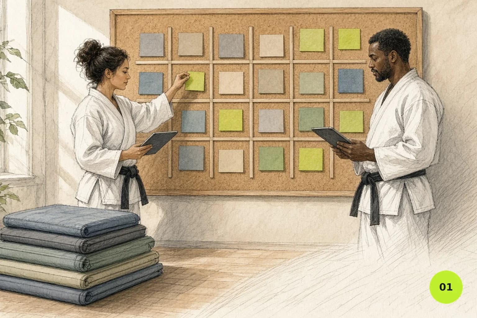 Two instructors arranging the weekly class timetable with coloured blocks before setting it up on a tablet