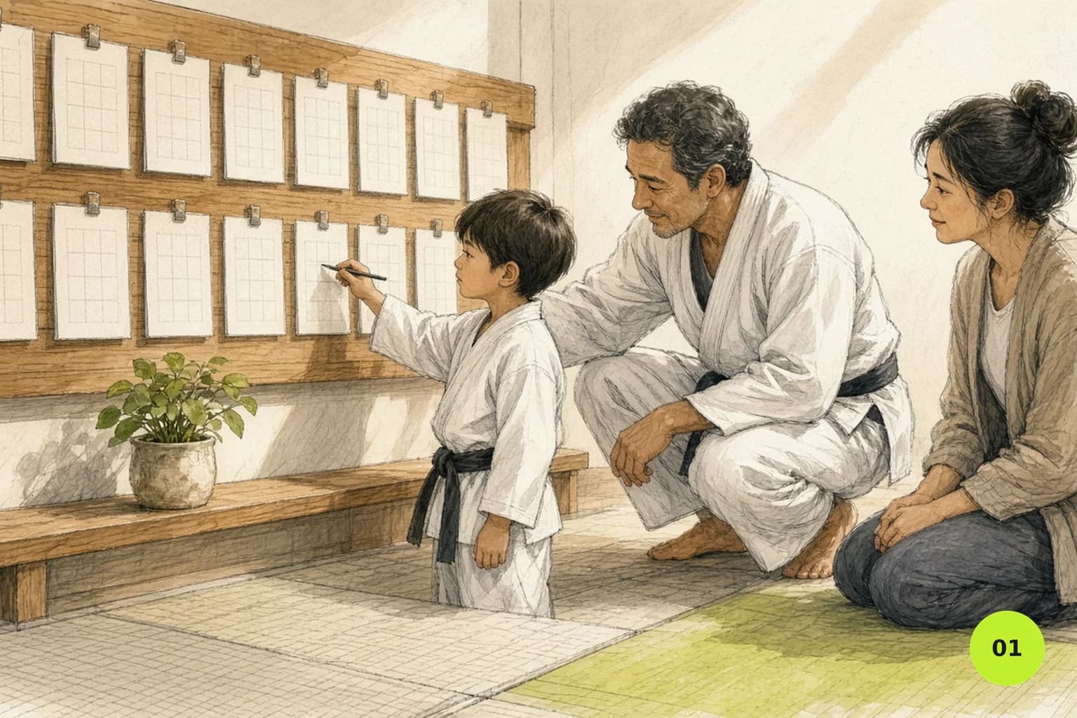Instructor helping a young student tick off a class on a paper attendance card from the wooden wall rack