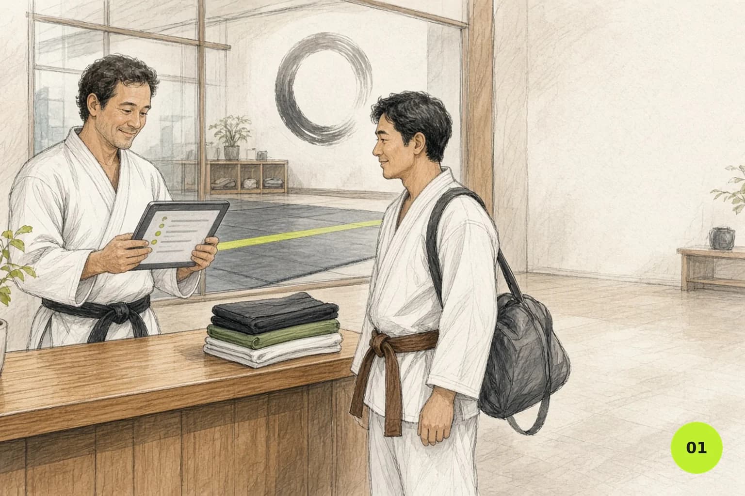 Instructor at a dojo front desk checking on a tablet which members have paid, are due or are late