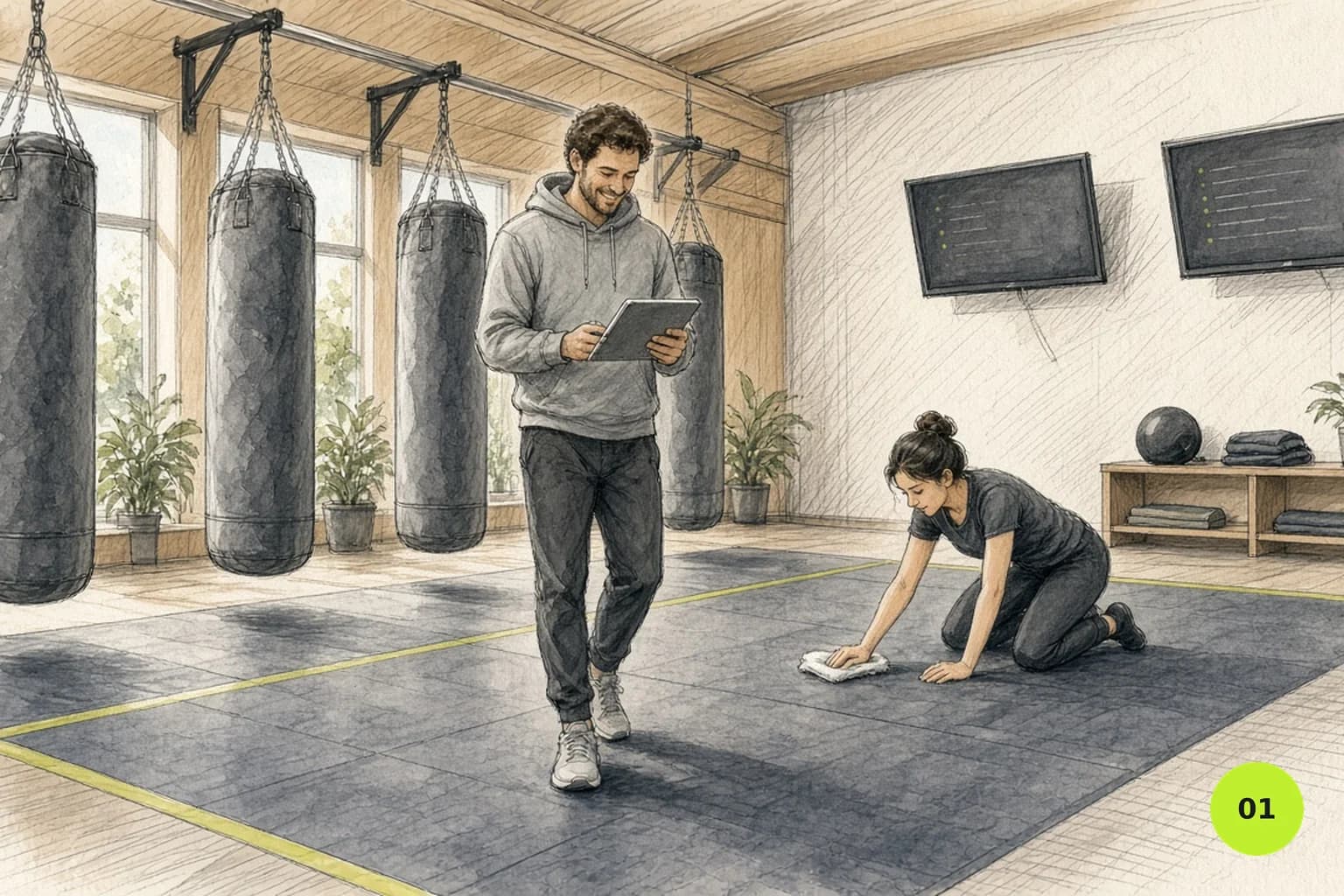 Martial arts school owner walking through the gym at midday with a tablet holding members, classes and payments